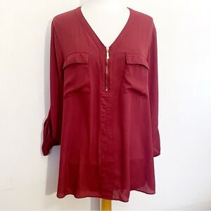 Cato Women's Silky Burgundy Zipper Trim V-Neck Roll Sleeve Blouse 18/20